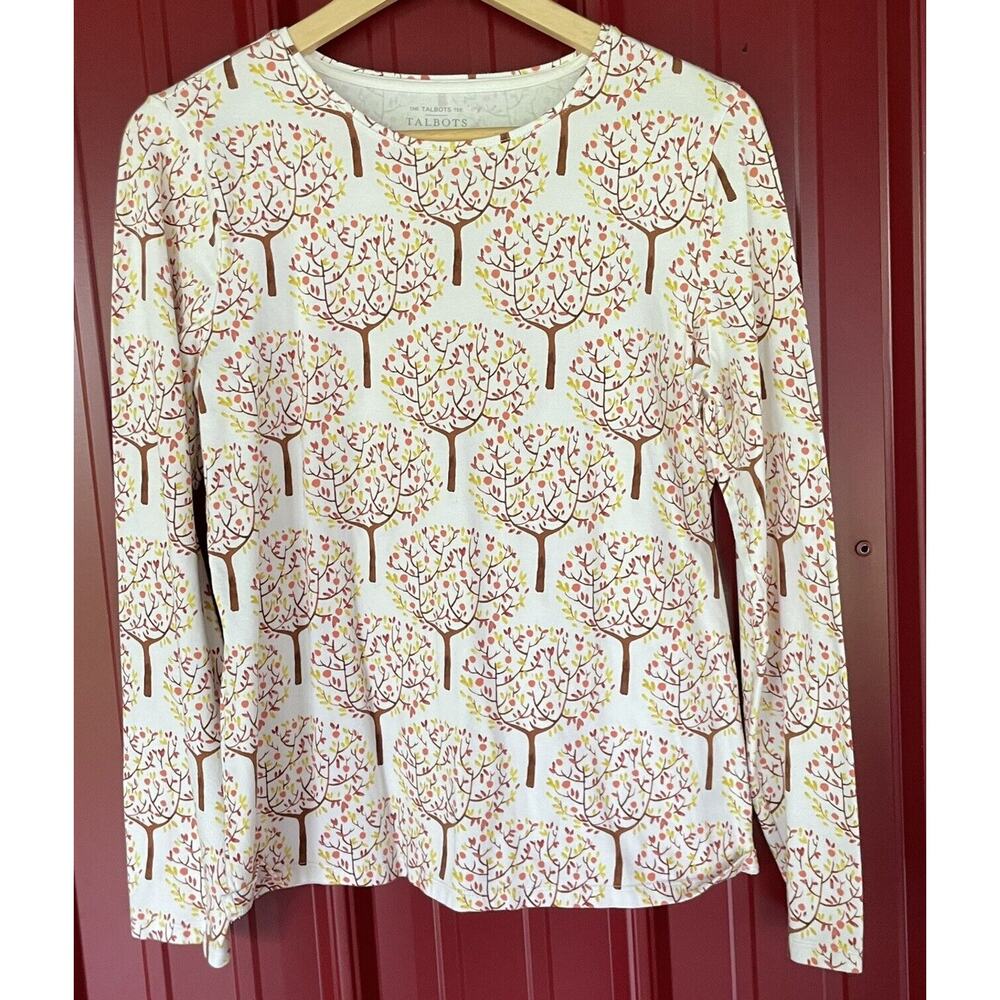 Talbots Top Tree Print Top Long Sleeves Pull Over Stretch Cotton Medium